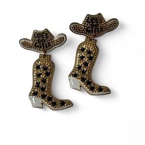 Let's Go Girls Rhinestone Cowboy Boot & Hat Gold Tone Earrings